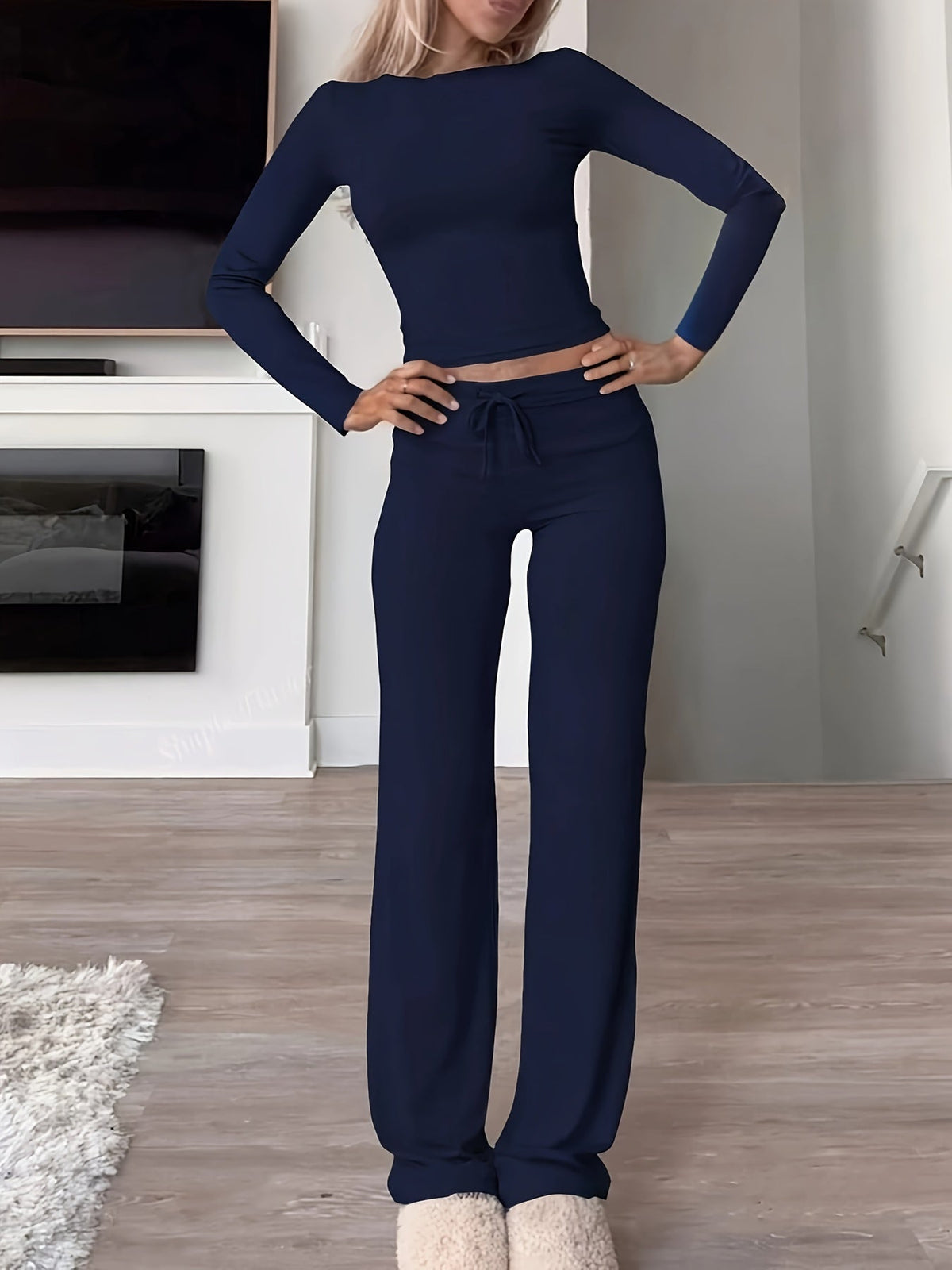 Optew Women's Loungewear Set – Ribbed Long-Sleeve Drawstring Two Piece