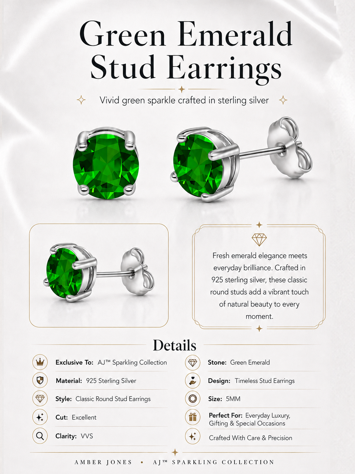 925 Sterling Silver Green Emerald Stud Earrings