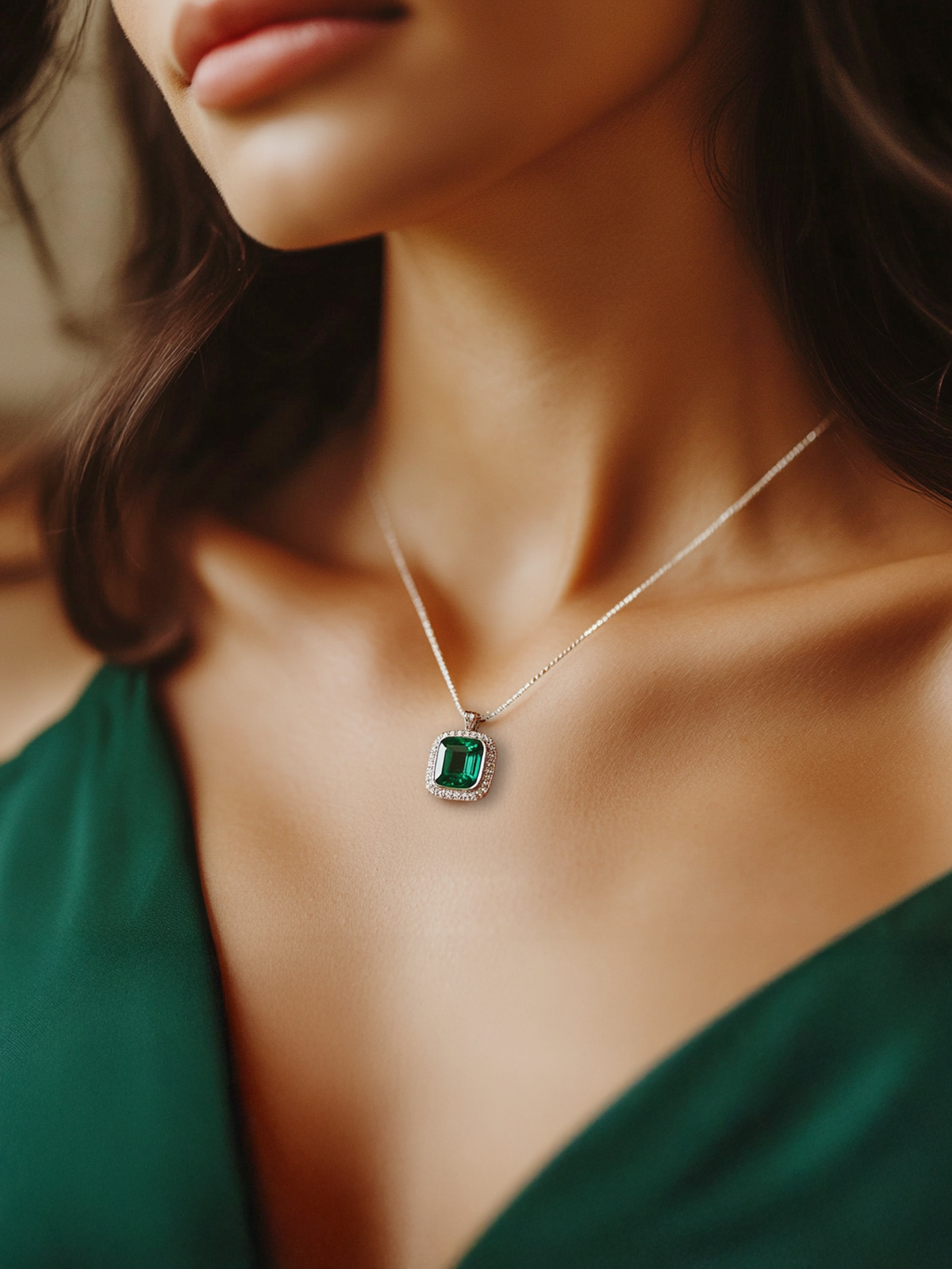 925 Sterling Silver Green Emerald Pendant Necklace