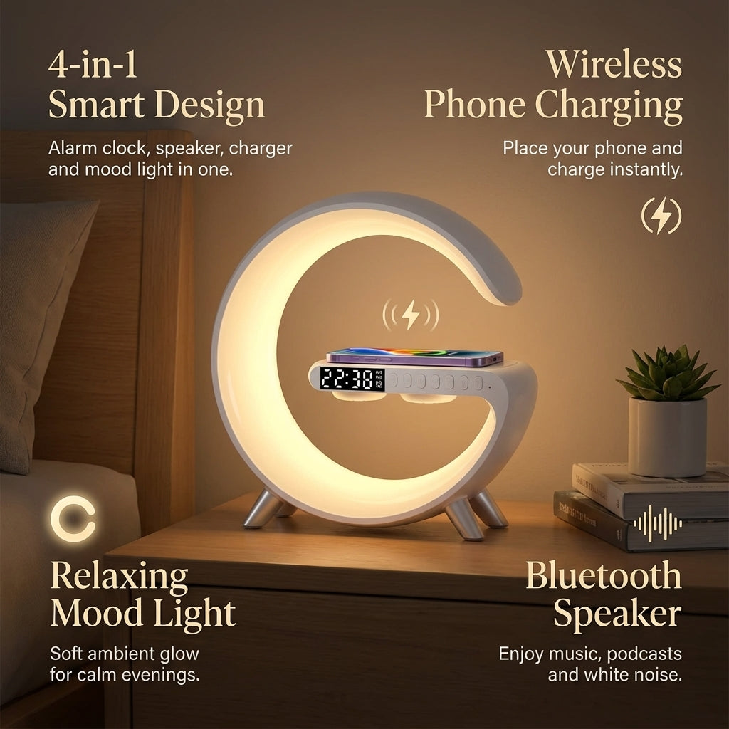 4-in-1 Alarm Clock, Mood Light, Speaker And Wireless Charger | Premium Quality