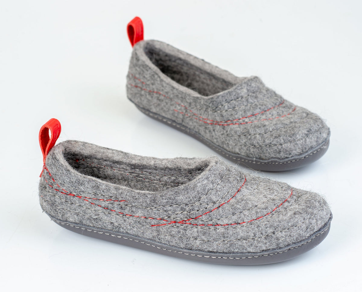Women's Gray COCOON Slippers with Bright Red Pull Loop
