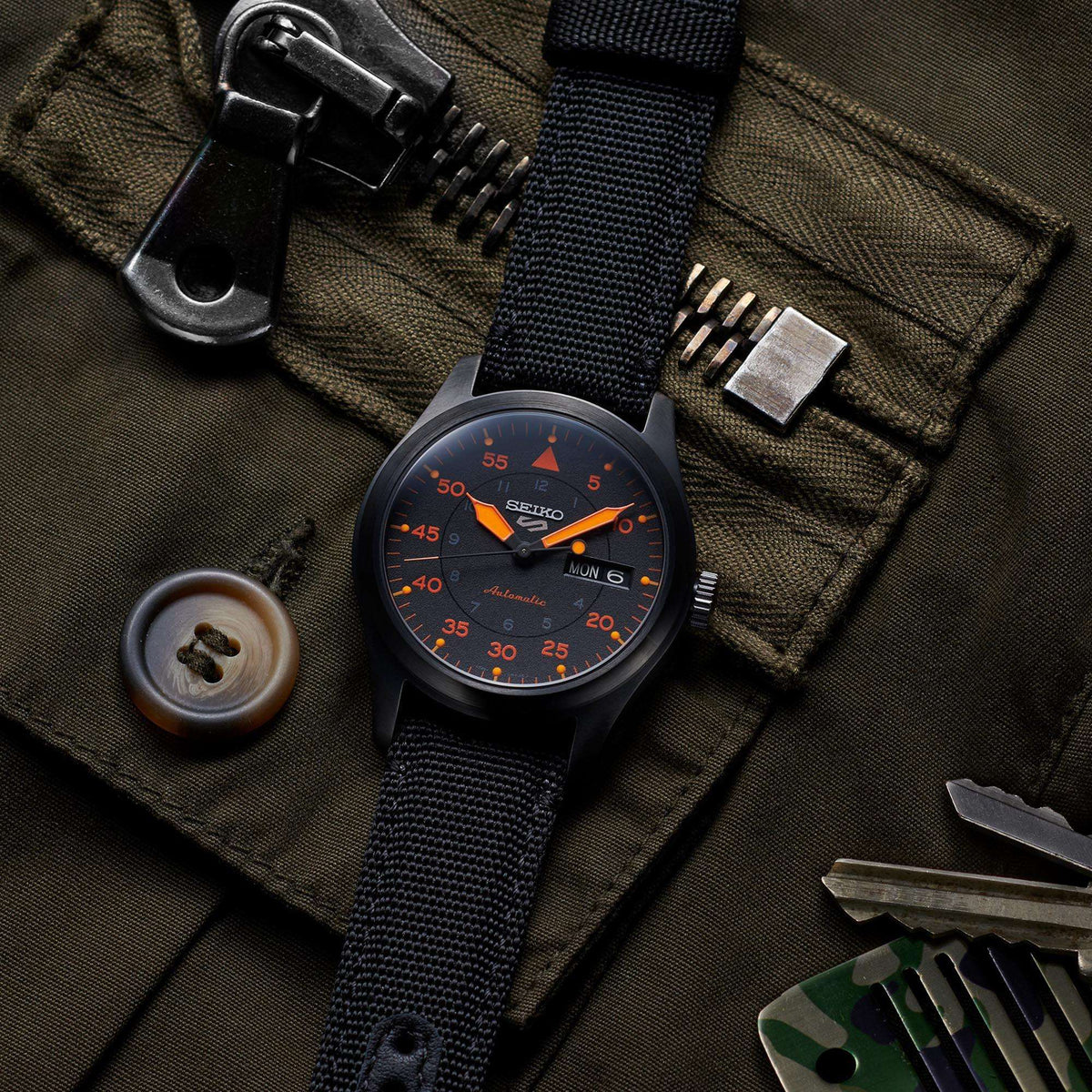 Seiko 5 Flieger Pilot/Aviation Style Automatic Black and Orange Dial Canvas Strap Men's Wristwatch SRPH33K1