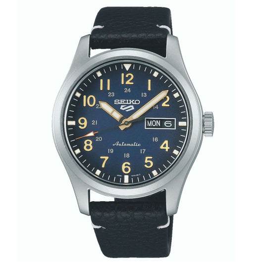 Seiko 5 Sports Field Military Automatic Blue Dial Black Leather Strap Men's Wristwatch SRPG39K1