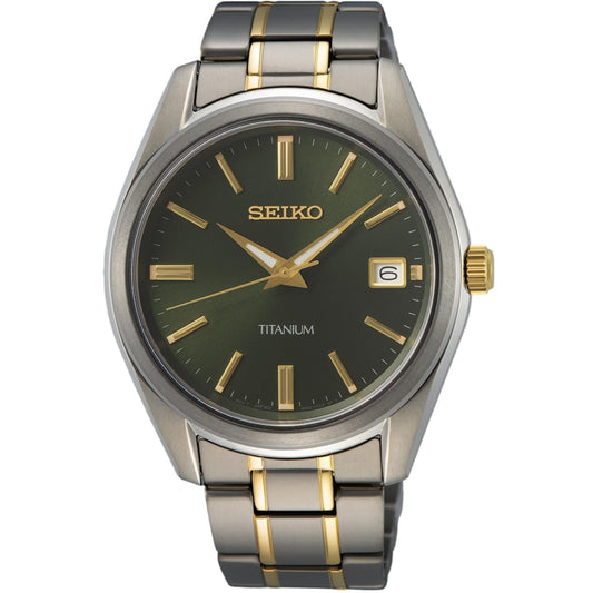 Seiko Essentials 40mm Green Dial Titanium Mens Quartz Wristwatch SUR377P1