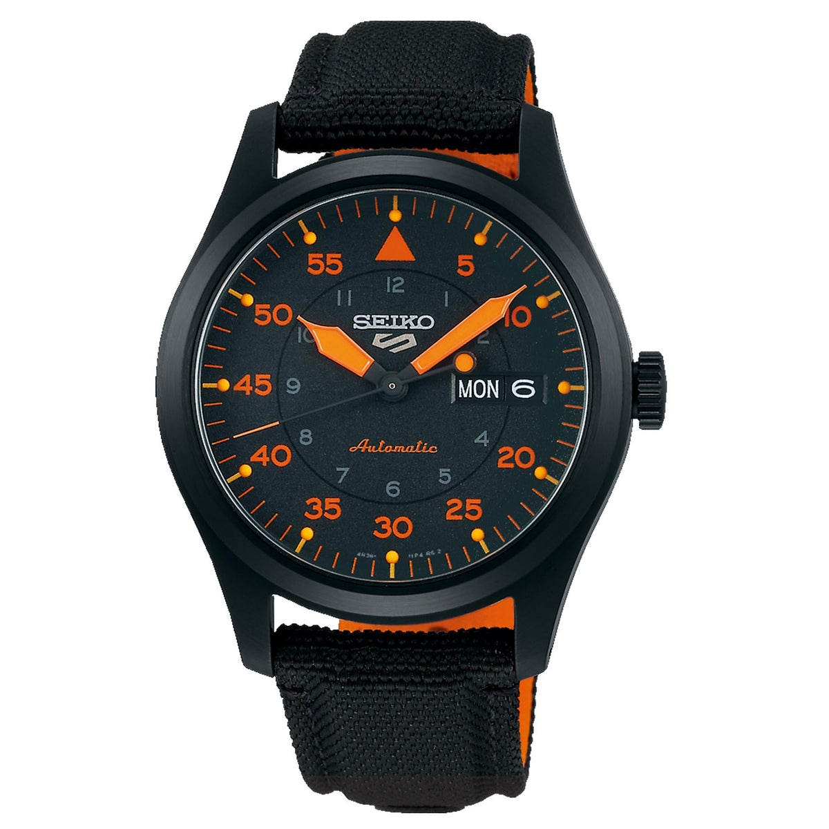 Seiko 5 Flieger Pilot/Aviation Style Automatic Black and Orange Dial Canvas Strap Men's Wristwatch SRPH33K1