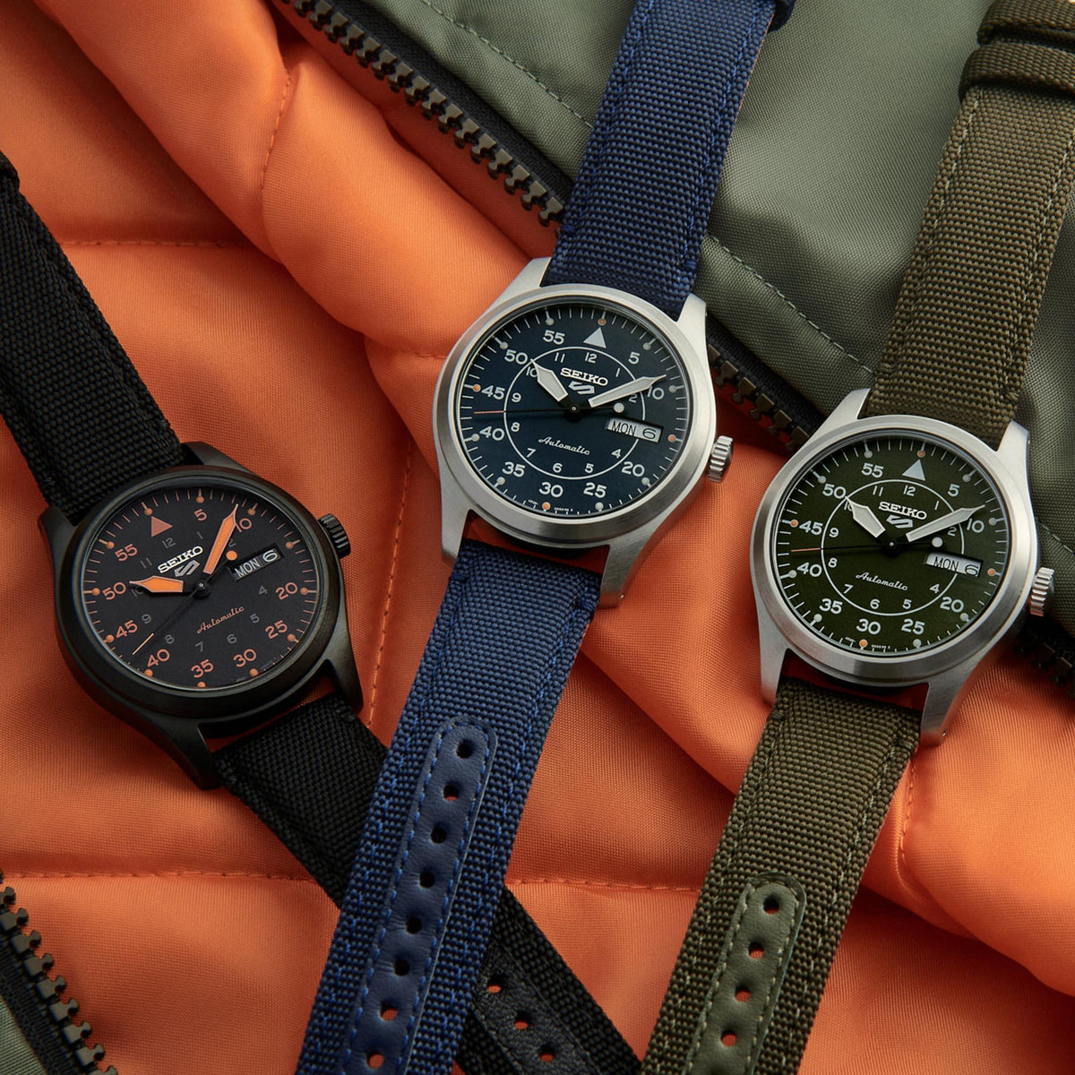 Seiko 5 Flieger Pilot/Aviation Style Automatic Black and Orange Dial Canvas Strap Men's Wristwatch SRPH33K1