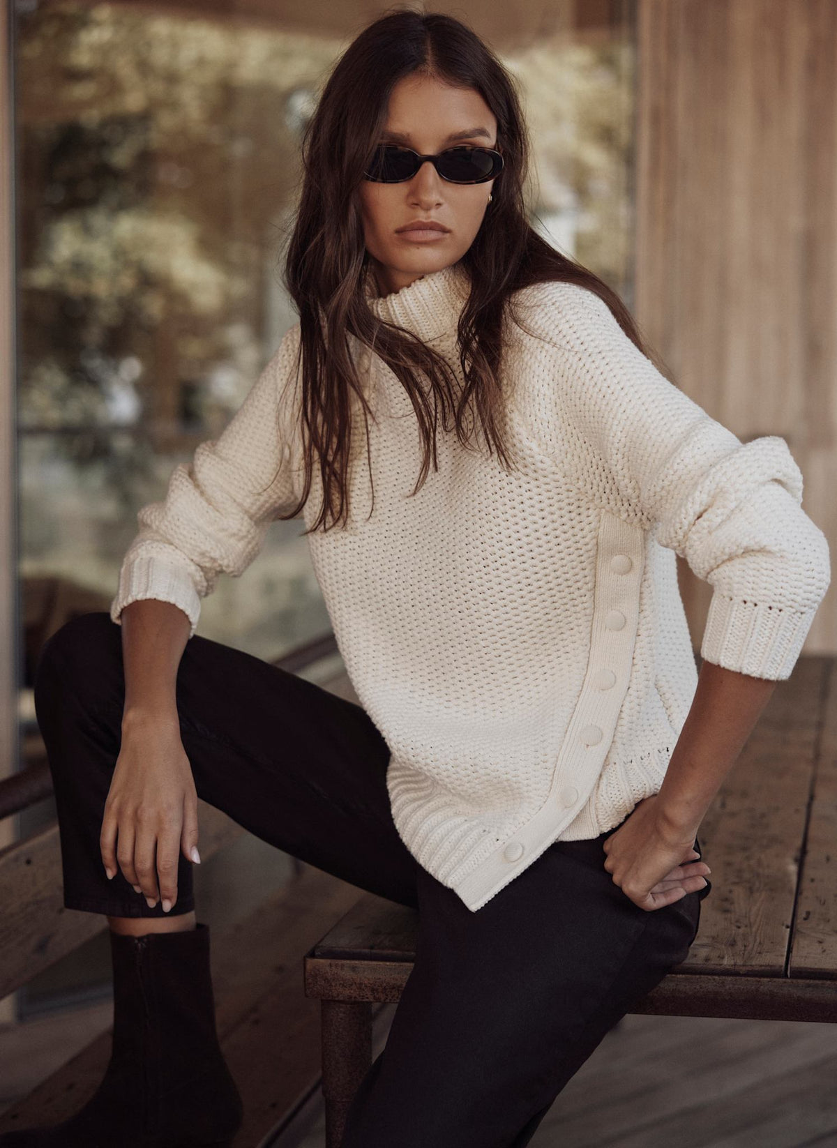 White Cotton Blend Jumper with Button Detail