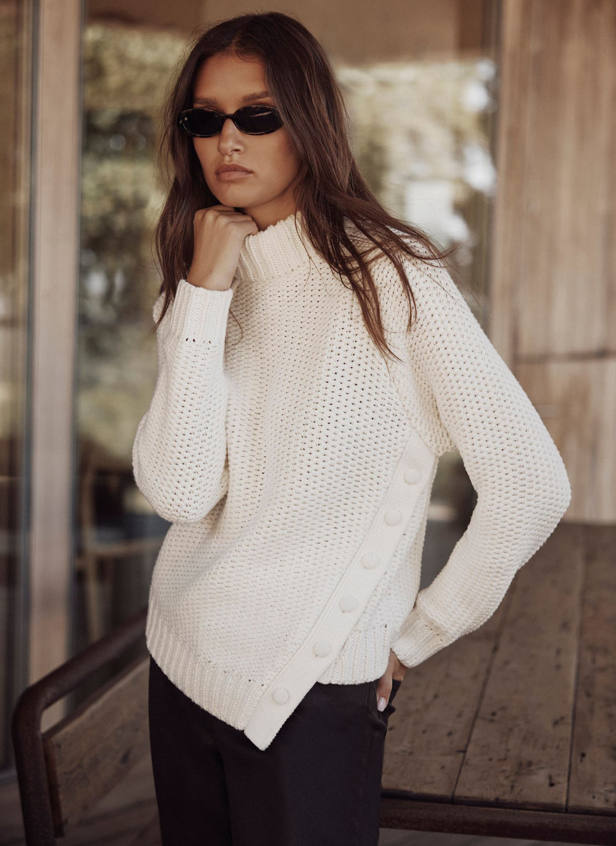 White Cotton Blend Jumper with Button Detail