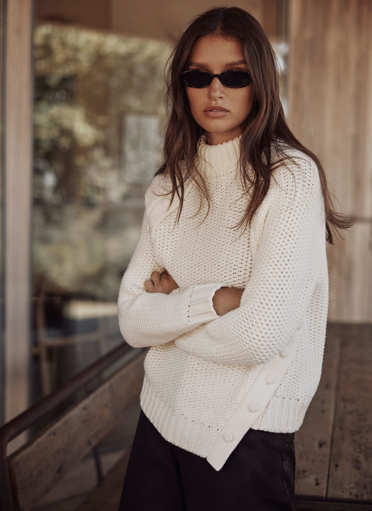 White Cotton Blend Jumper with Button Detail