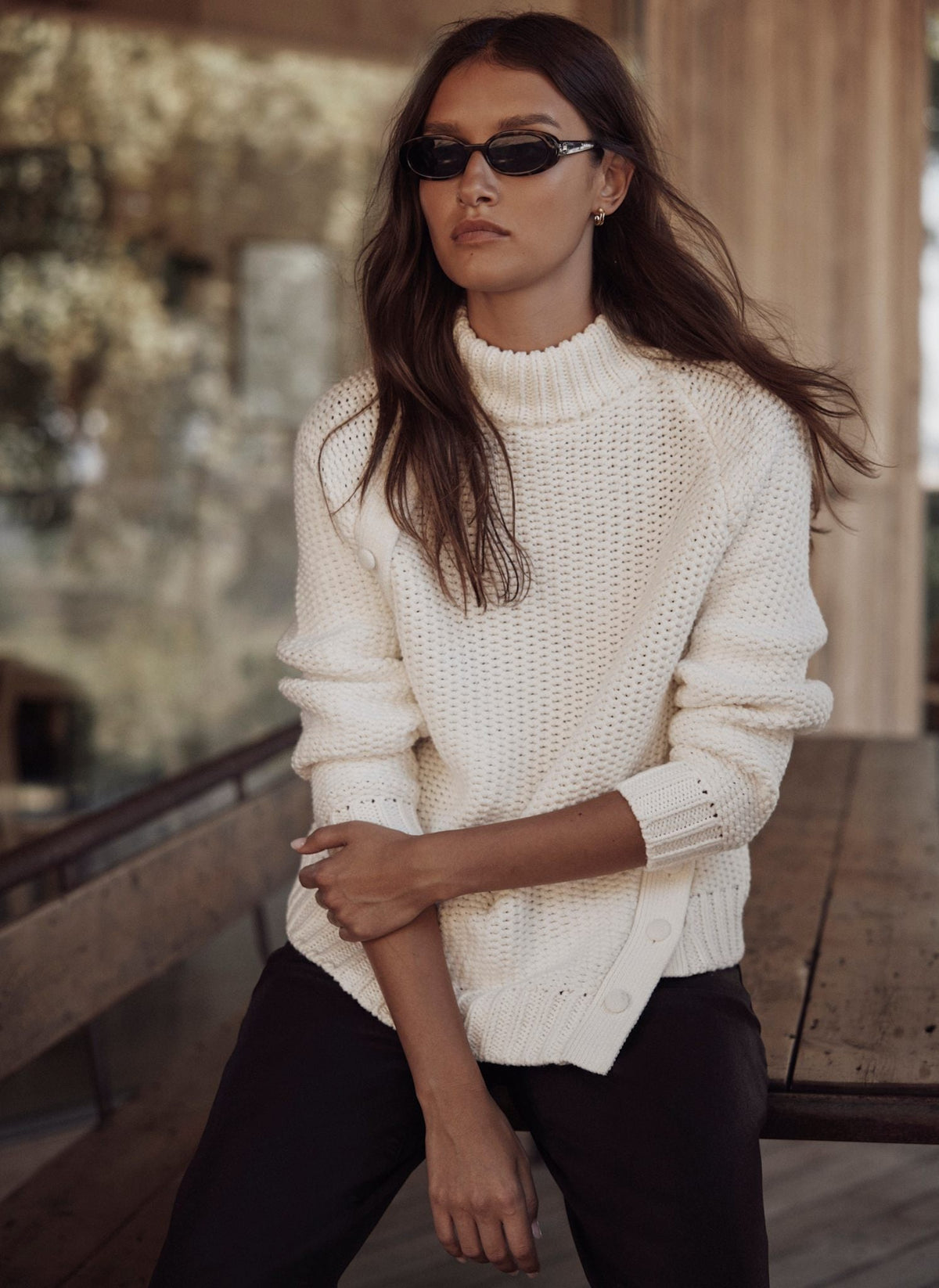 White Cotton Blend Jumper with Button Detail