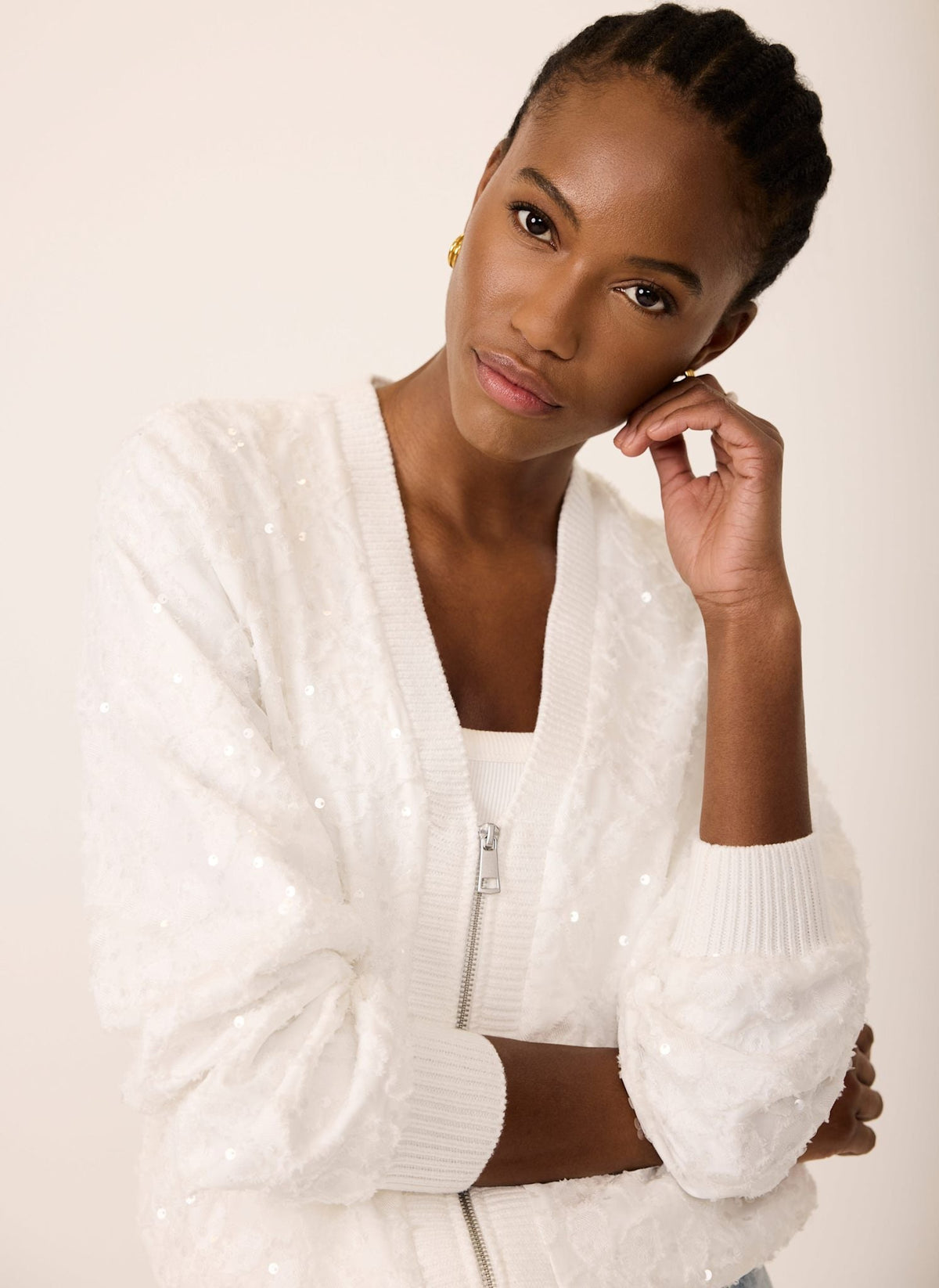 White Bomber Jacket with Sequins