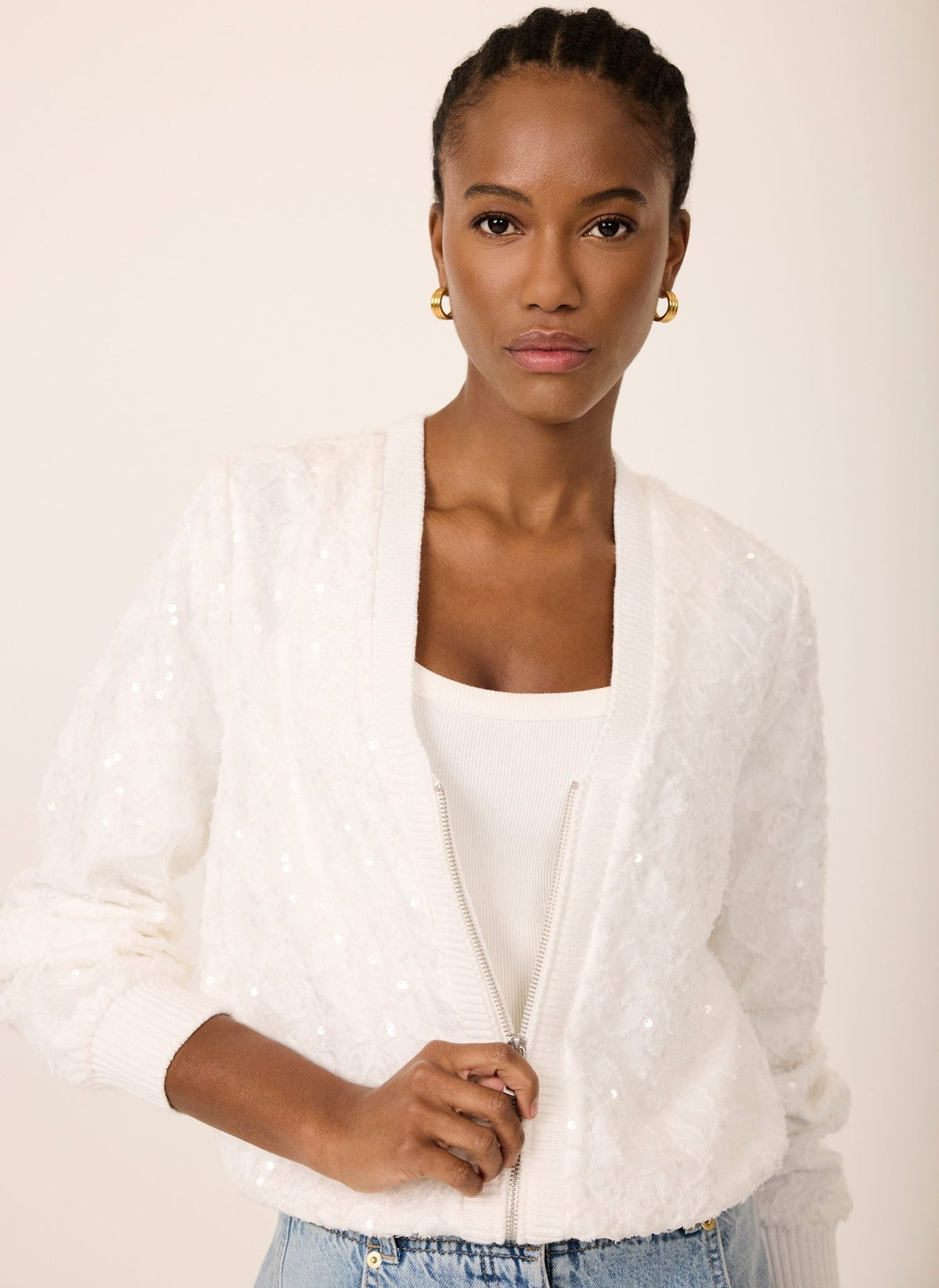 White Bomber Jacket with Sequins