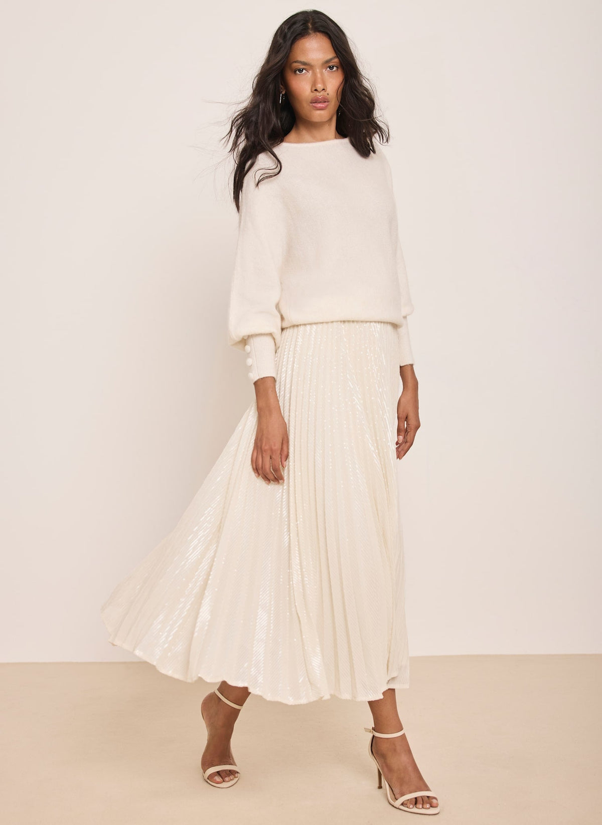 Cream Pleated Sequin Midi Skirt
