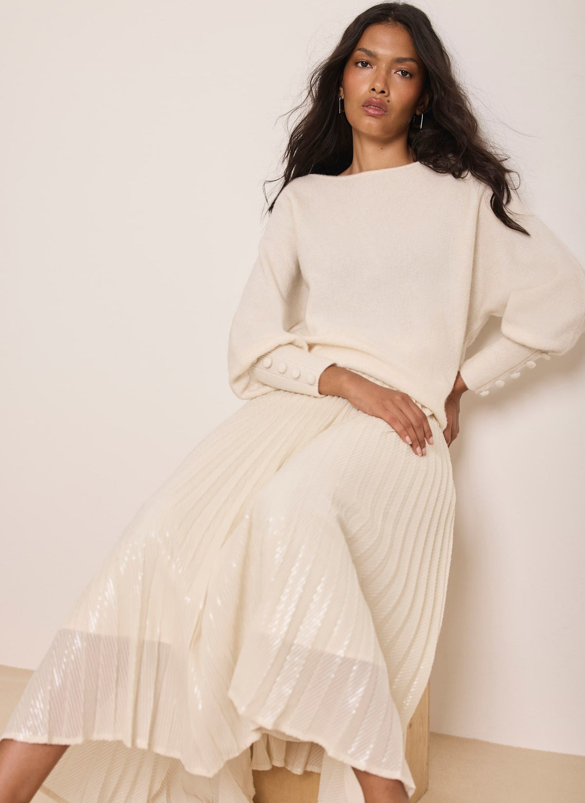Cream Pleated Sequin Midi Skirt