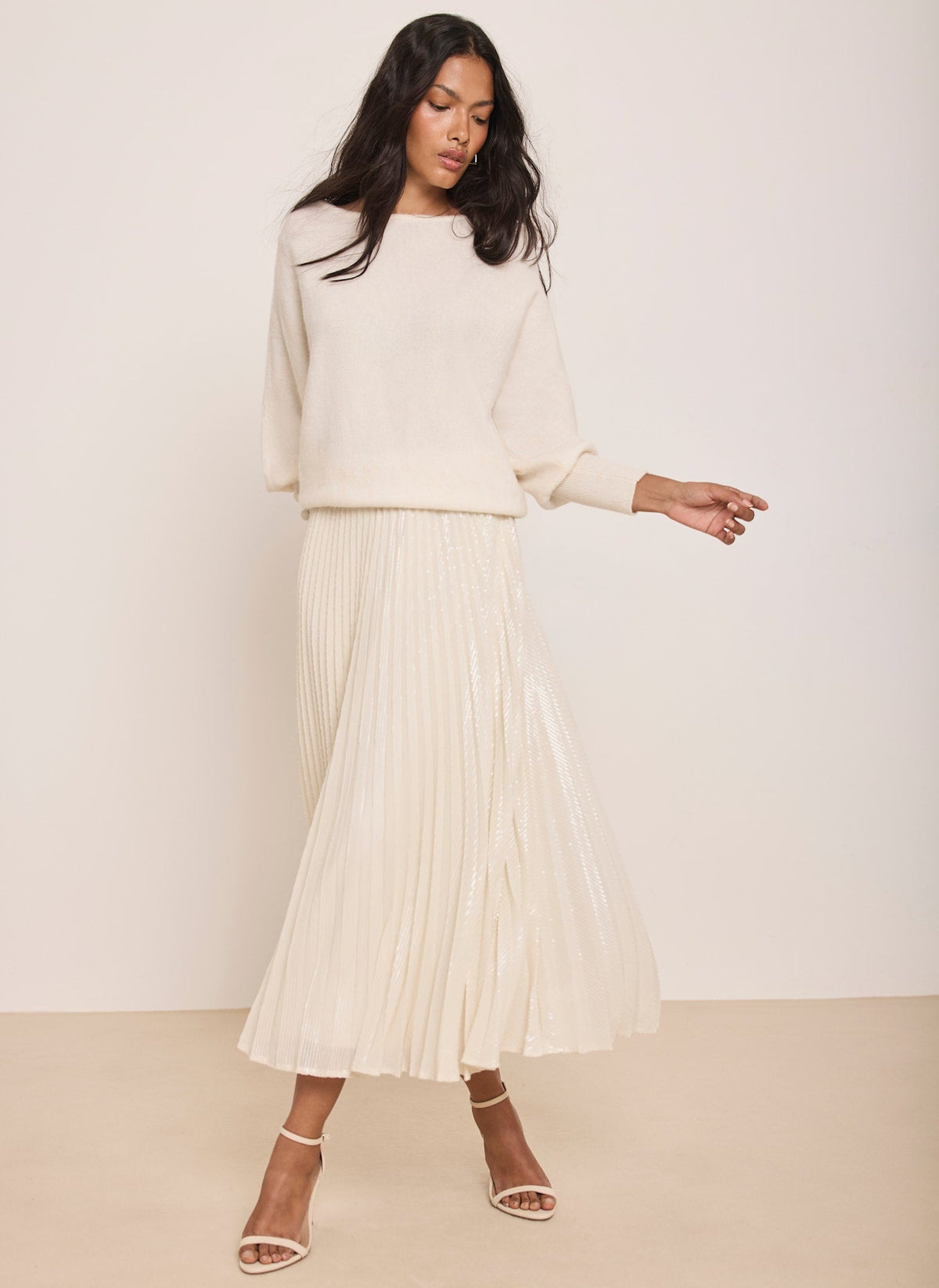 Cream Pleated Sequin Midi Skirt