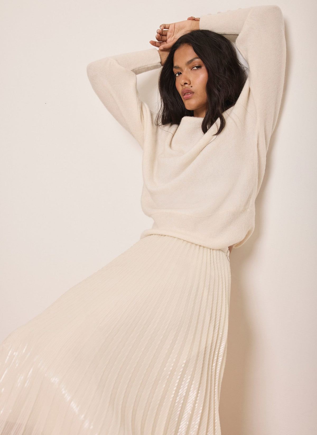 Cream Pleated Sequin Midi Skirt