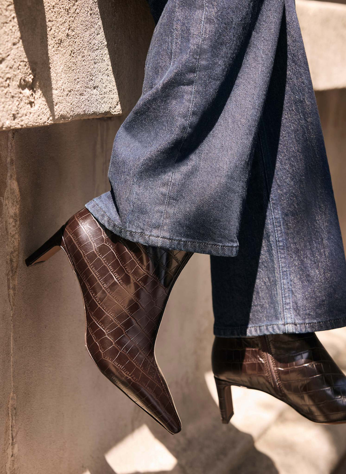 Macy Brown Croc Effect Leather Ankle Boots