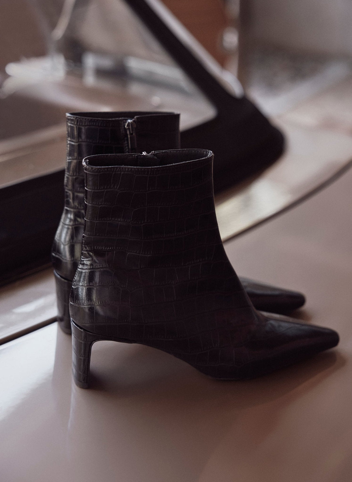 Macy Brown Croc Effect Leather Ankle Boots