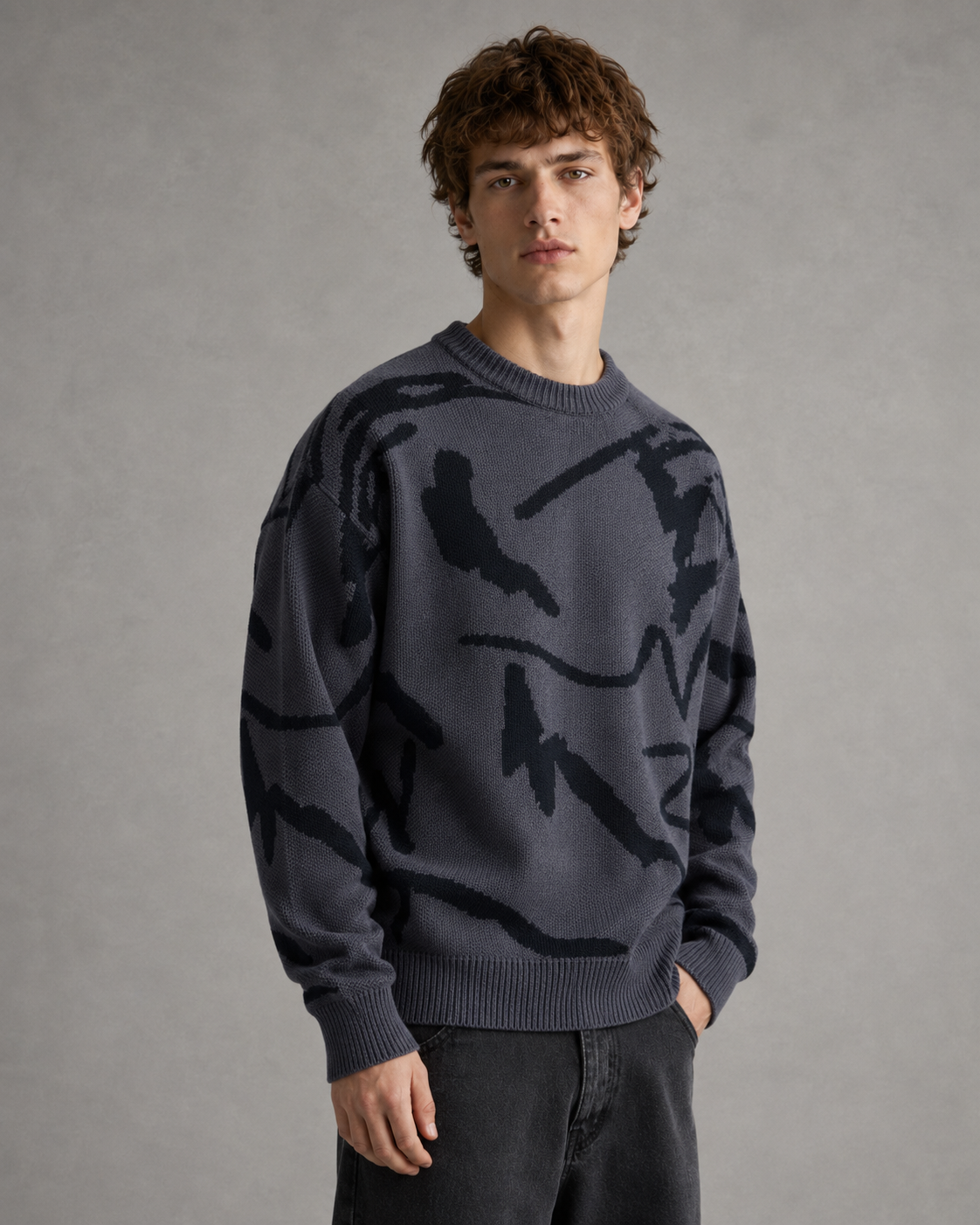 Men's Abstract Graphic Knit Jumper – Drop Shoulder Relaxed Fit
