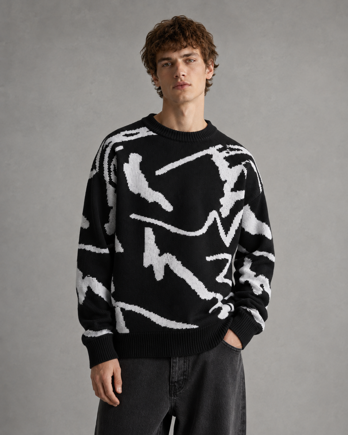 Men's Abstract Graphic Knit Jumper – Drop Shoulder Relaxed Fit