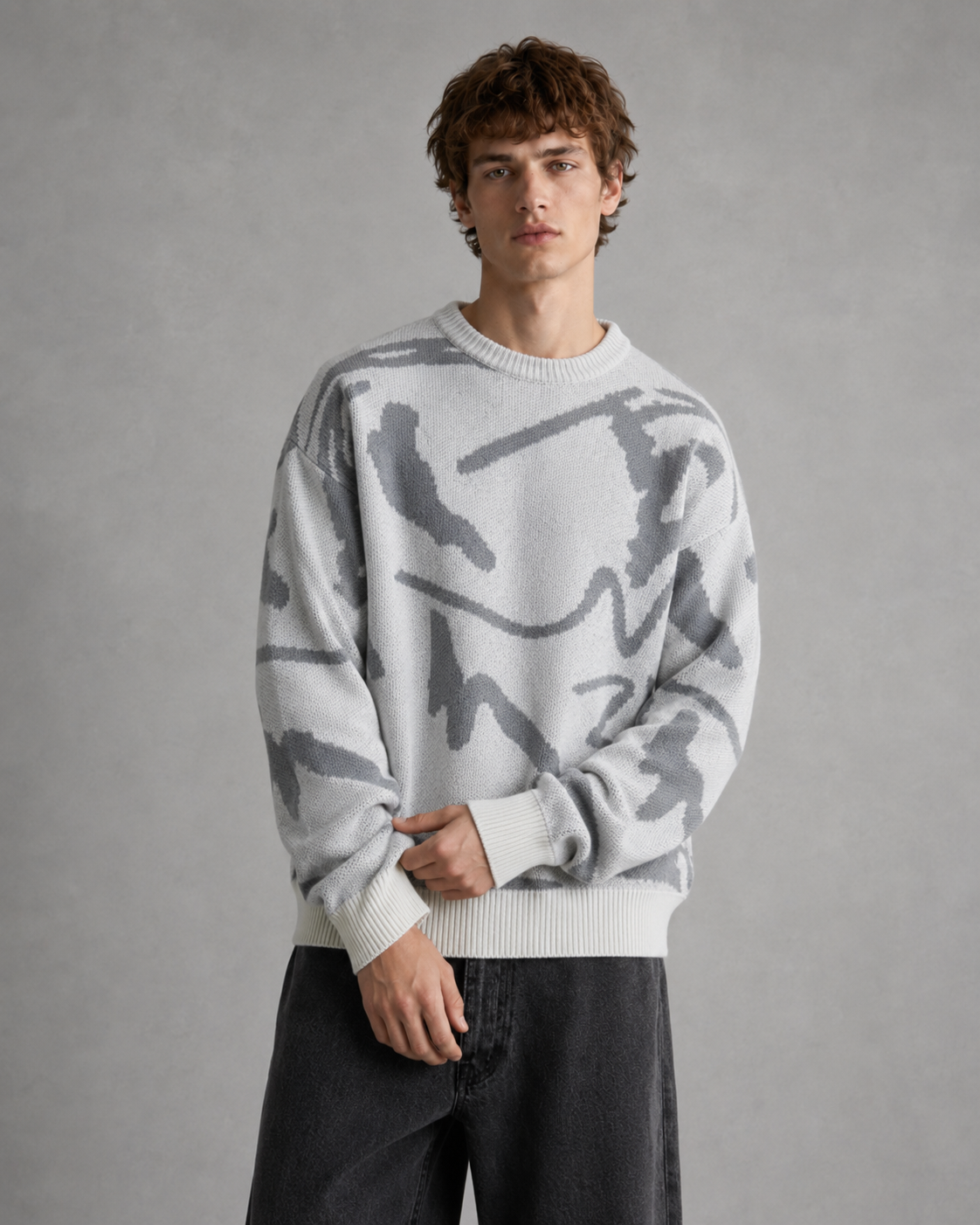 Men's Abstract Graphic Knit Jumper – Drop Shoulder Relaxed Fit