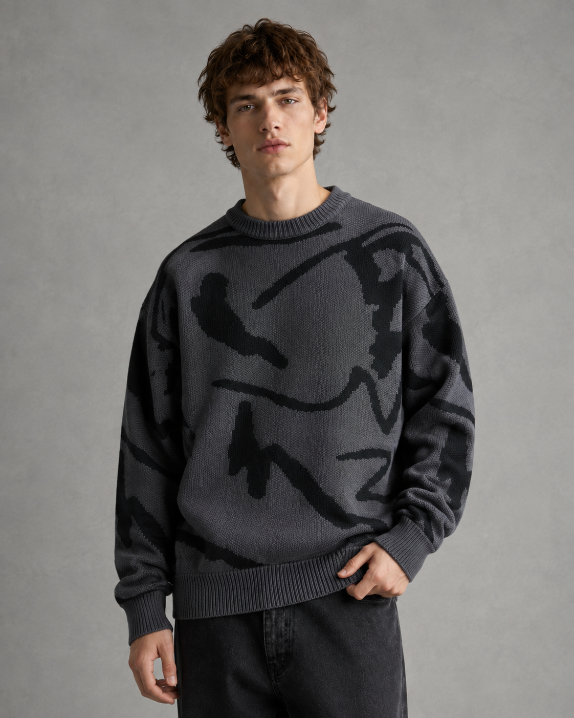 Men's Abstract Graphic Knit Jumper – Drop Shoulder Relaxed Fit