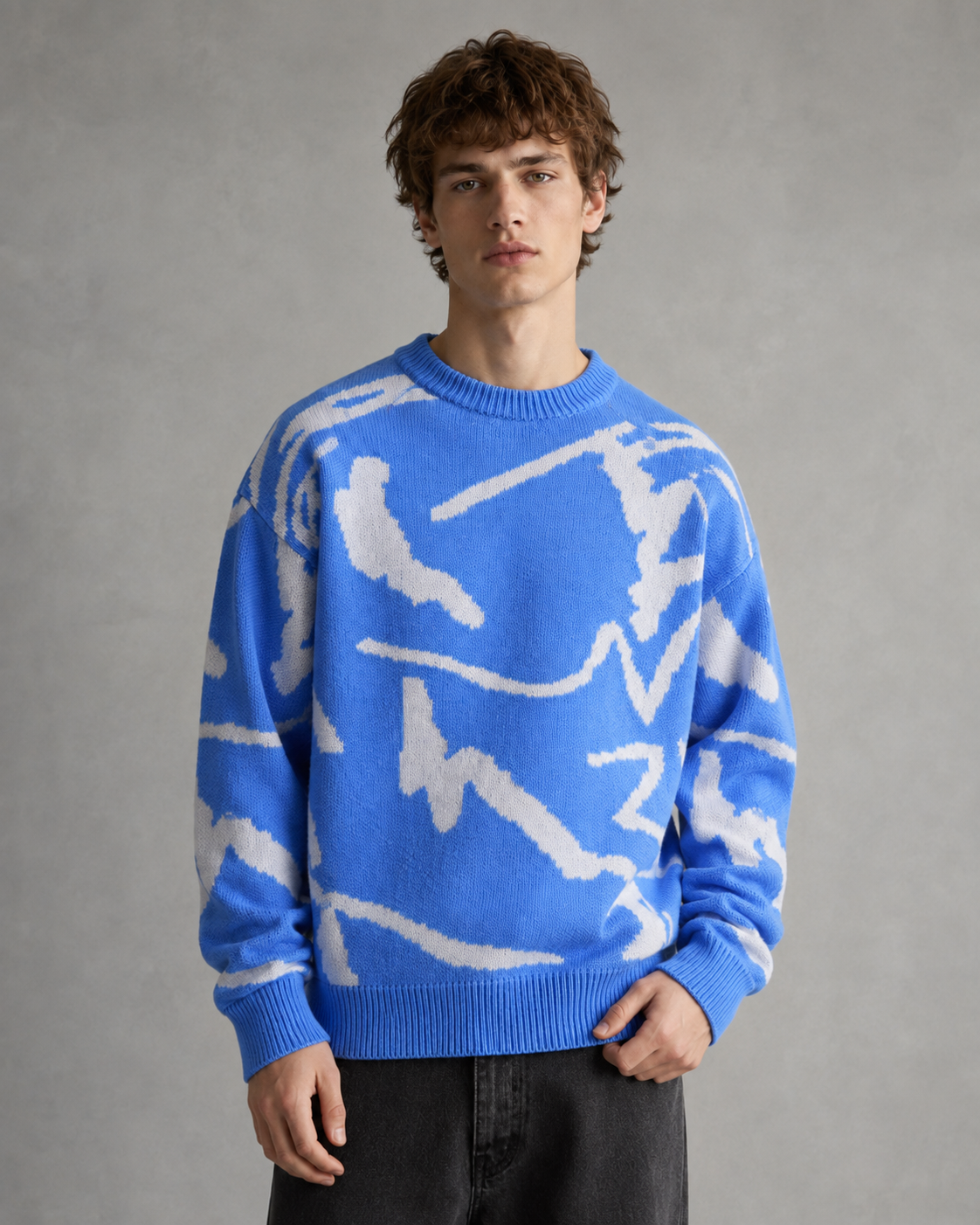 Men's Abstract Graphic Knit Jumper – Drop Shoulder Relaxed Fit