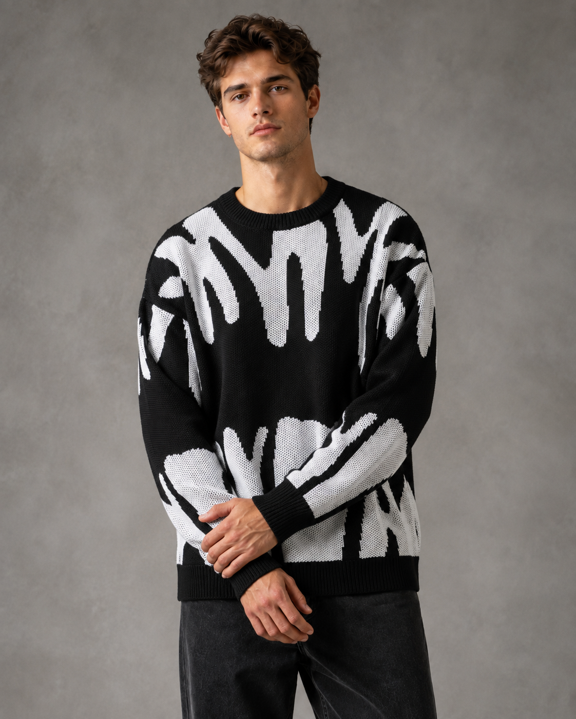Men's Two Tone Abstract Knit Jumper – Relaxed Drop Shoulder Fit