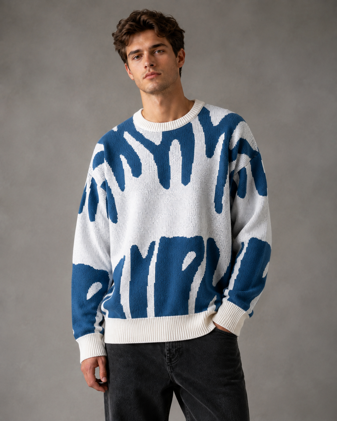 Men's Two Tone Abstract Knit Jumper – Relaxed Drop Shoulder Fit