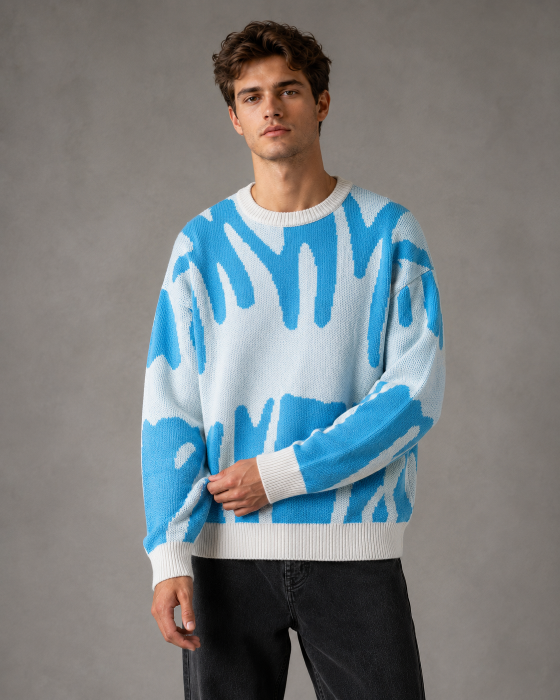 Men's Two Tone Abstract Knit Jumper – Relaxed Drop Shoulder Fit