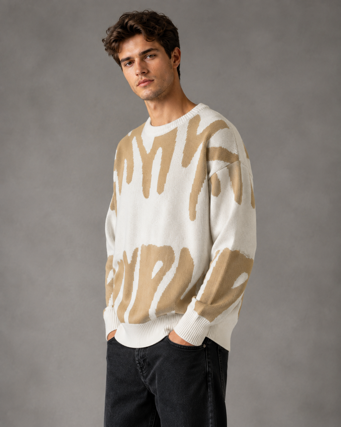 Men's Two Tone Abstract Knit Jumper – Relaxed Drop Shoulder Fit
