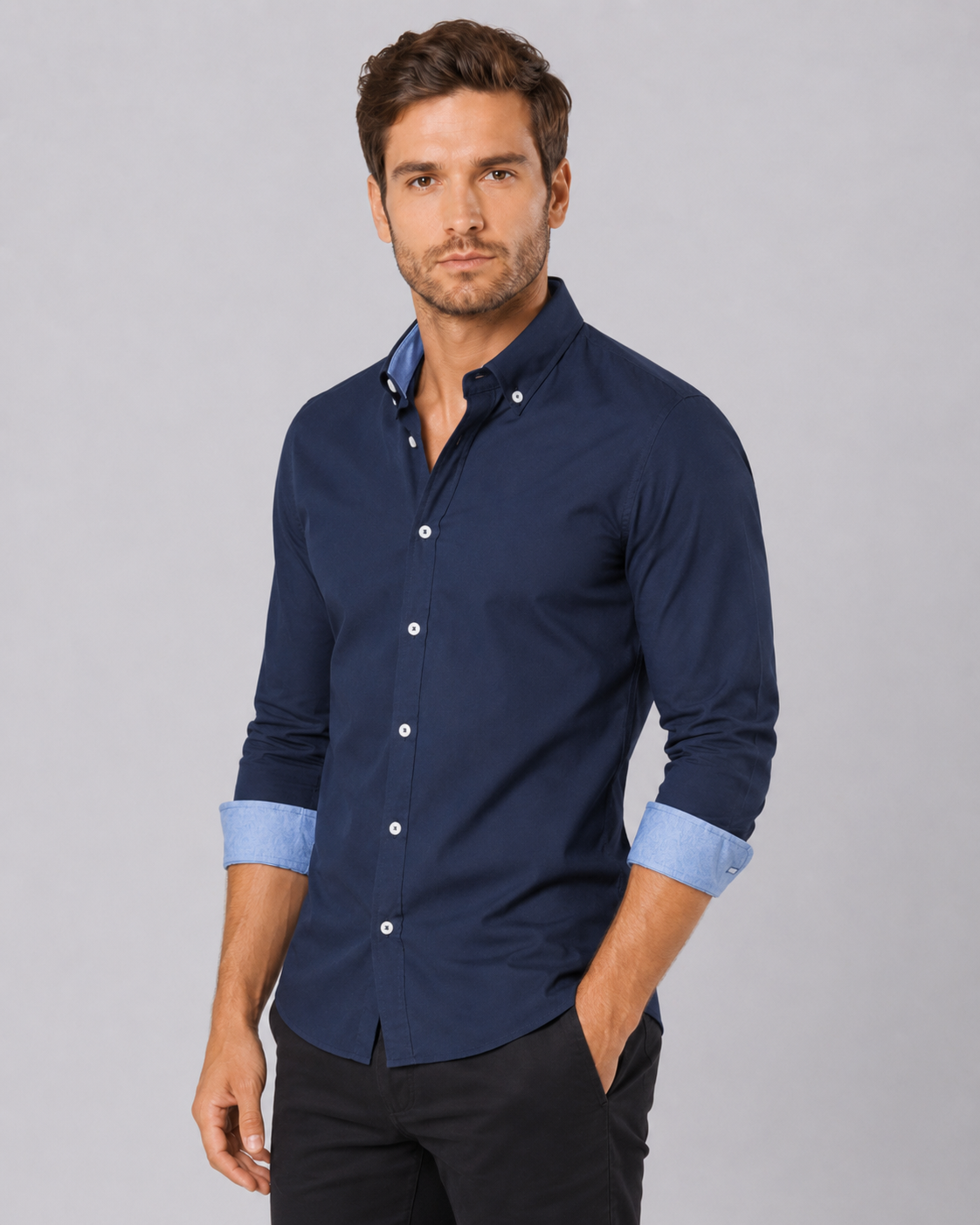 Men's Slim Fit Contrast Cuff Shirt – Long Sleeve Button Down