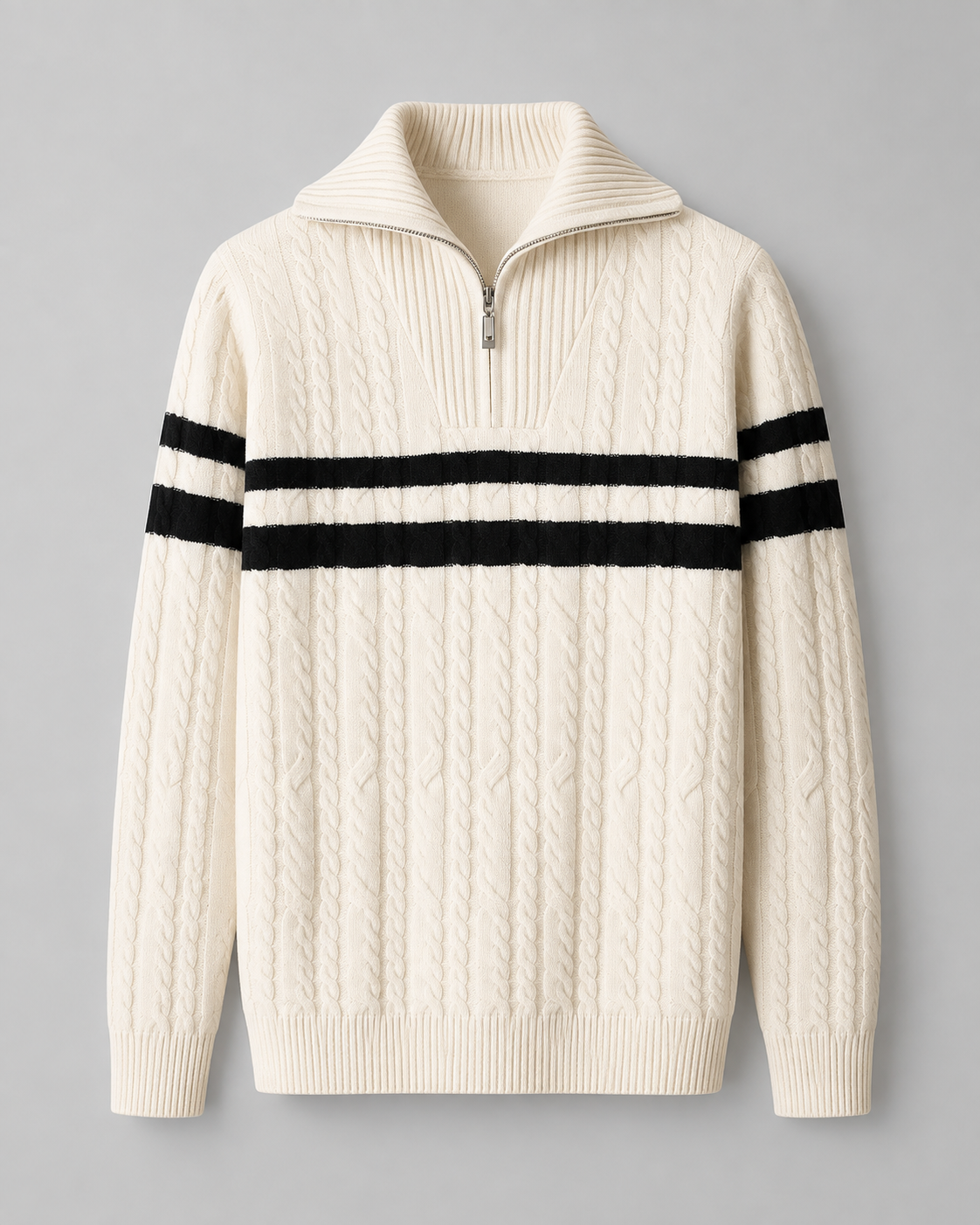 Men's Cable Knit Quarter Zip Jumper – Ribbed Collar and Stripes