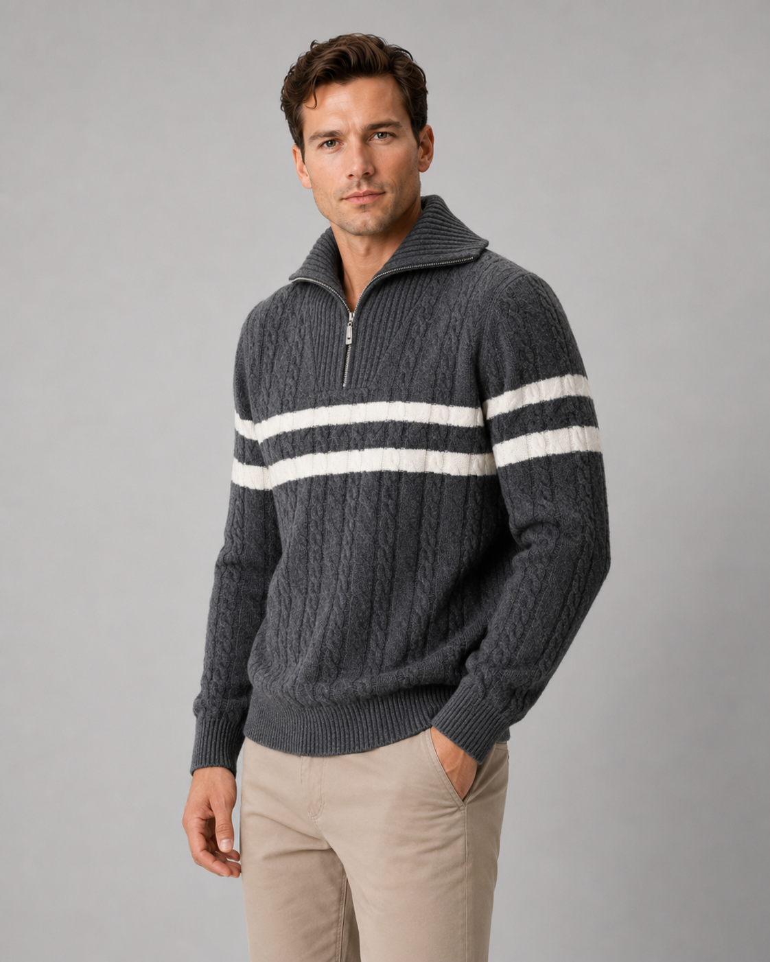 Men's Cable Knit Quarter Zip Jumper – Ribbed Collar and Stripes