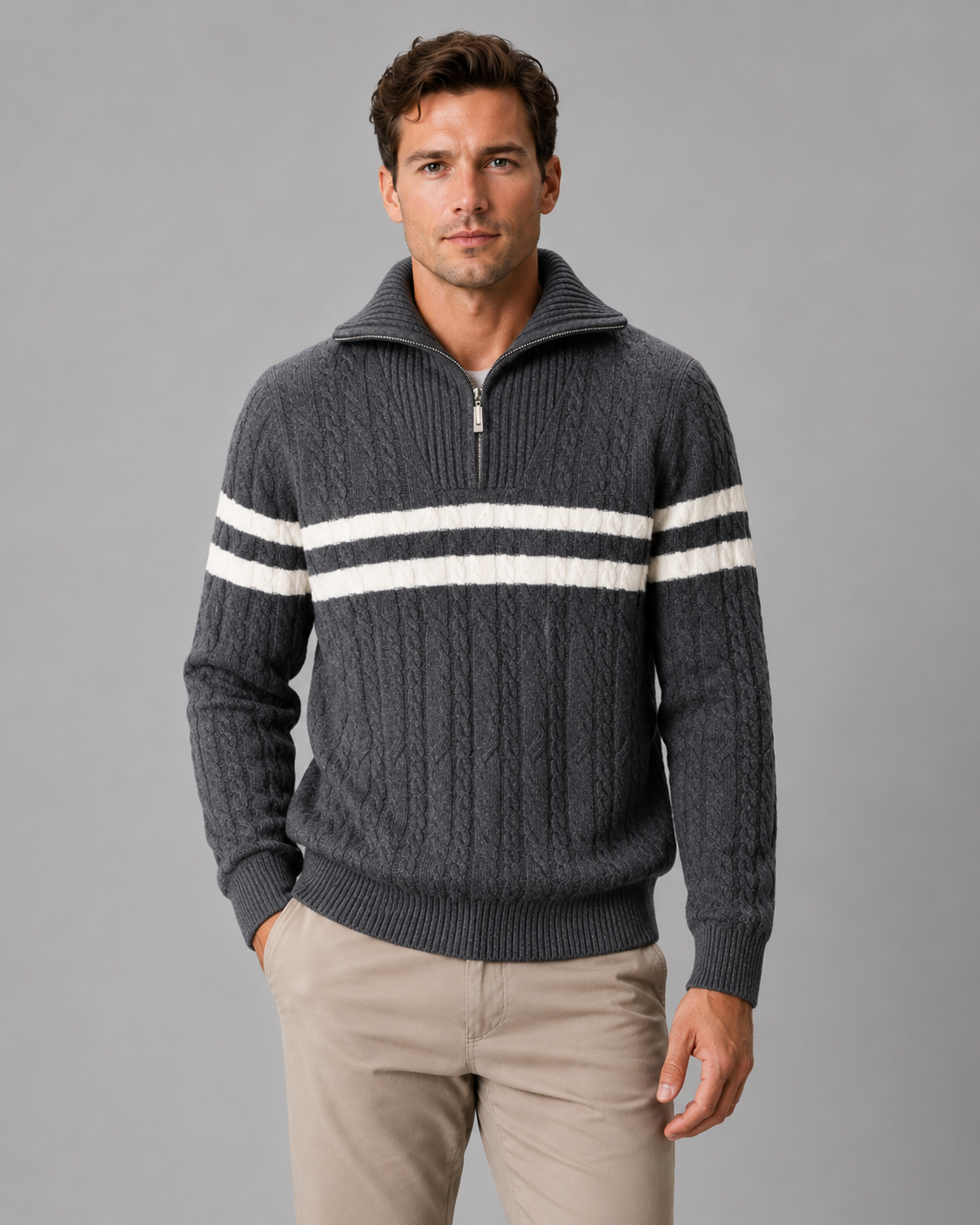 Men's Cable Knit Quarter Zip Jumper – Ribbed Collar and Stripes