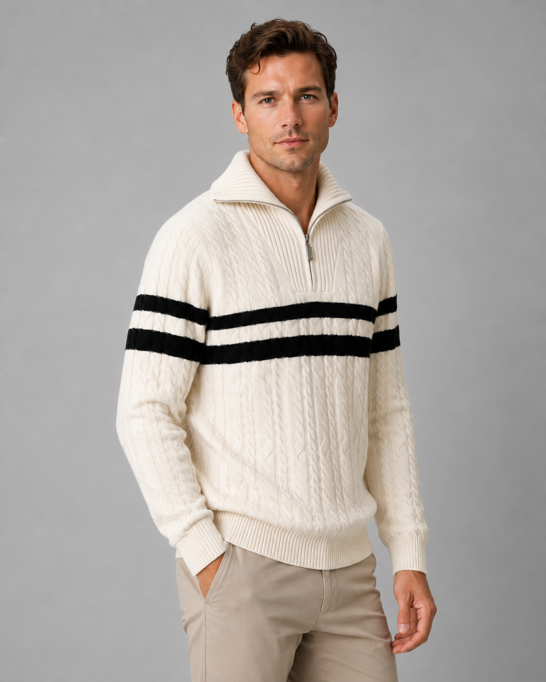 Men's Cable Knit Quarter Zip Jumper – Ribbed Collar and Stripes
