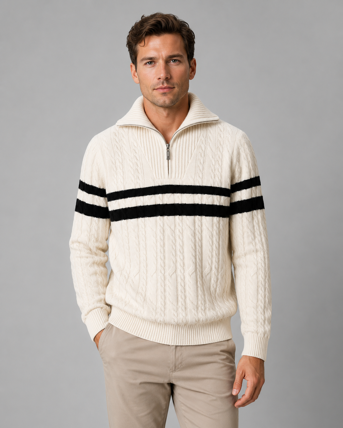 Men's Cable Knit Quarter Zip Jumper – Ribbed Collar and Stripes