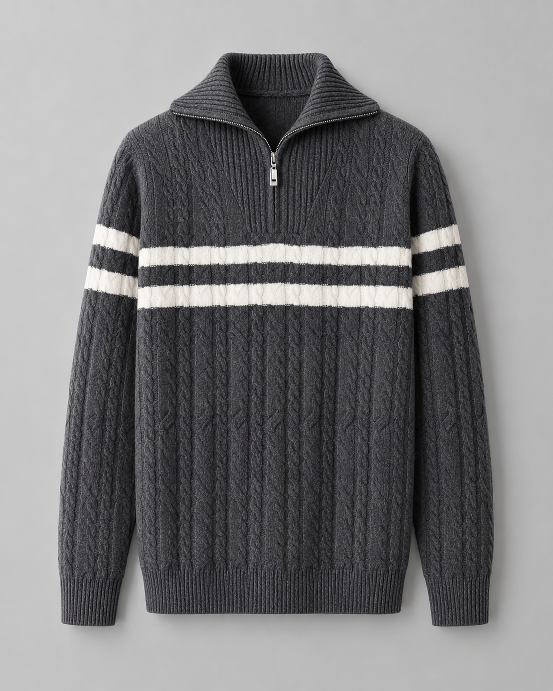 Men's Cable Knit Quarter Zip Jumper – Ribbed Collar and Stripes