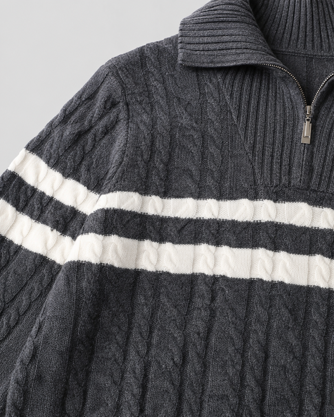 Men's Cable Knit Quarter Zip Jumper – Ribbed Collar and Stripes
