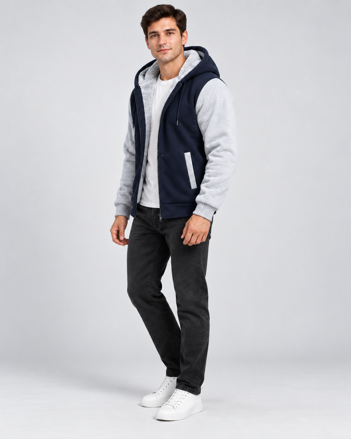 Men's Fleece Lined Zip Hoodie – Regular Fit Contrast Sleeves