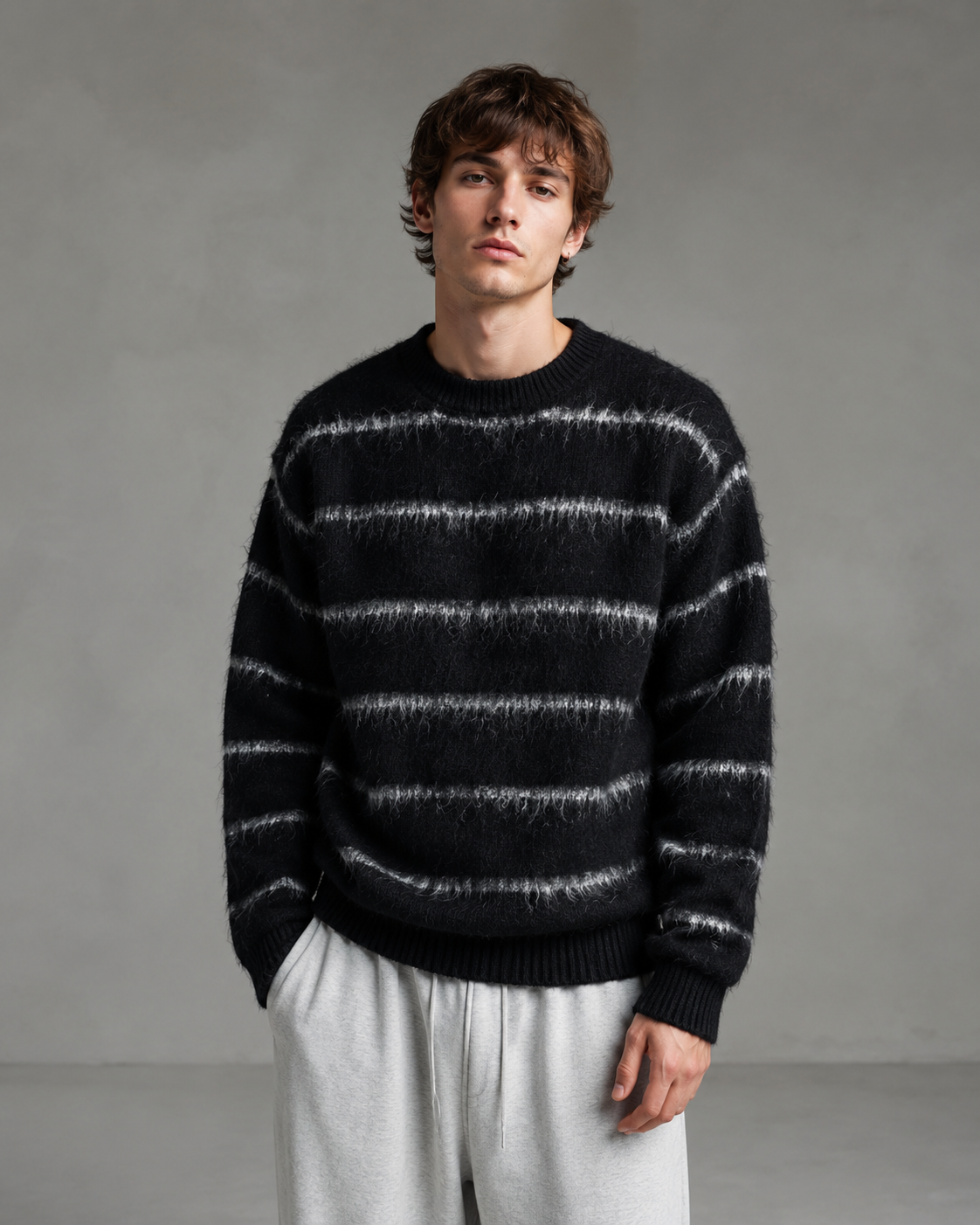 Men's Fuzzy Striped Knit Jumper – Boxy Relaxed Fit
