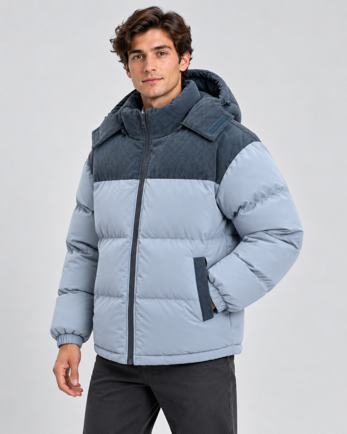 Men's Hooded Corduroy Panel Puffer Jacket – Regular Fit