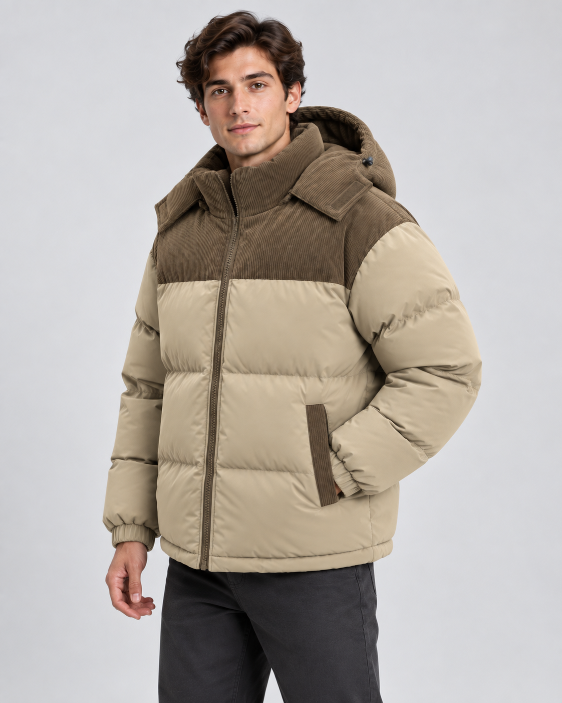 Men's Hooded Corduroy Panel Puffer Jacket – Regular Fit