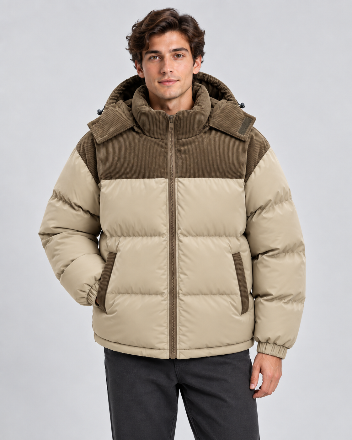 Men's Hooded Corduroy Panel Puffer Jacket – Regular Fit