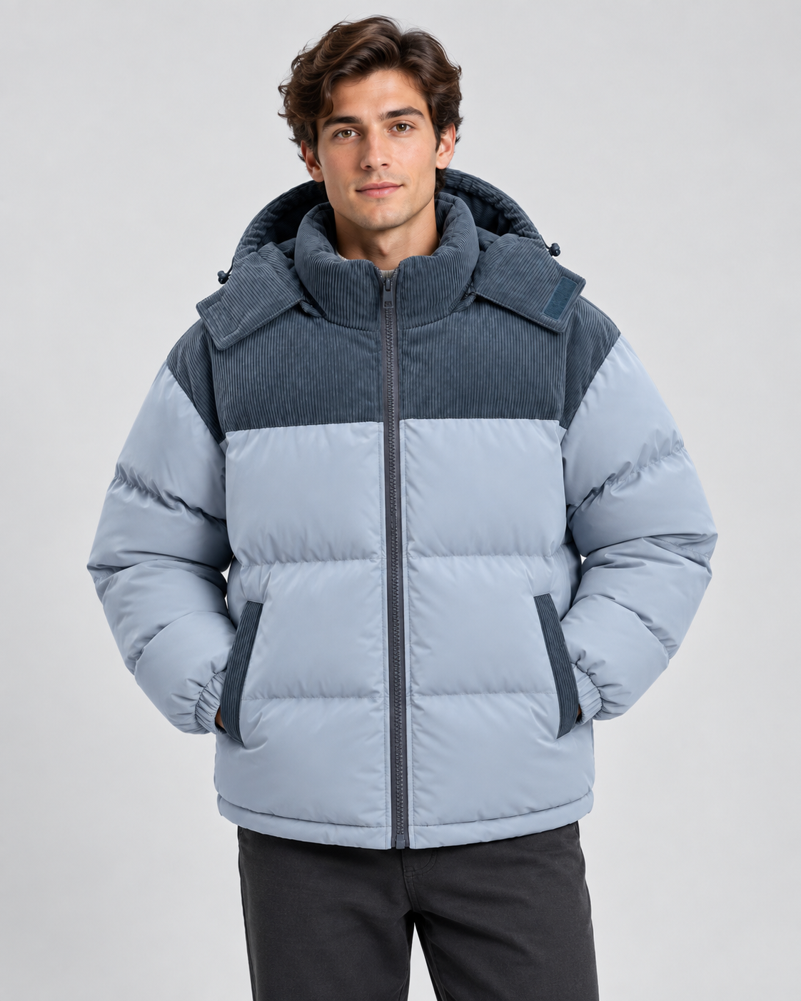 Men's Hooded Corduroy Panel Puffer Jacket – Regular Fit