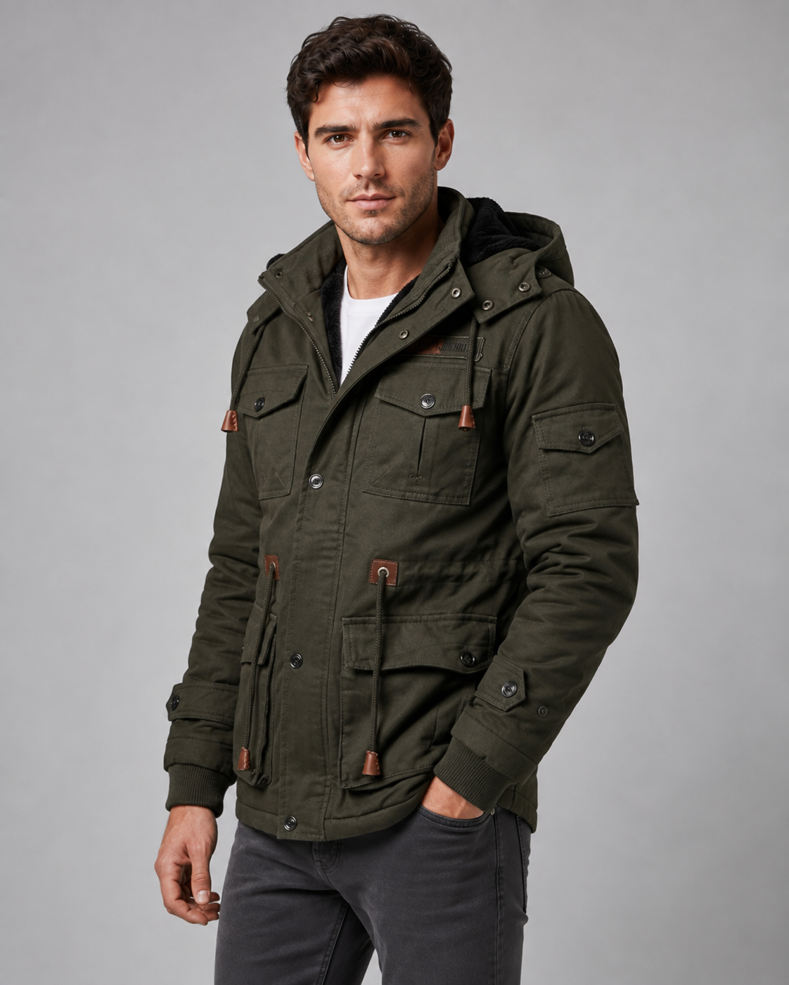 Men's Multi Pocket Hooded Utility Winter Jacket – Regular Fit