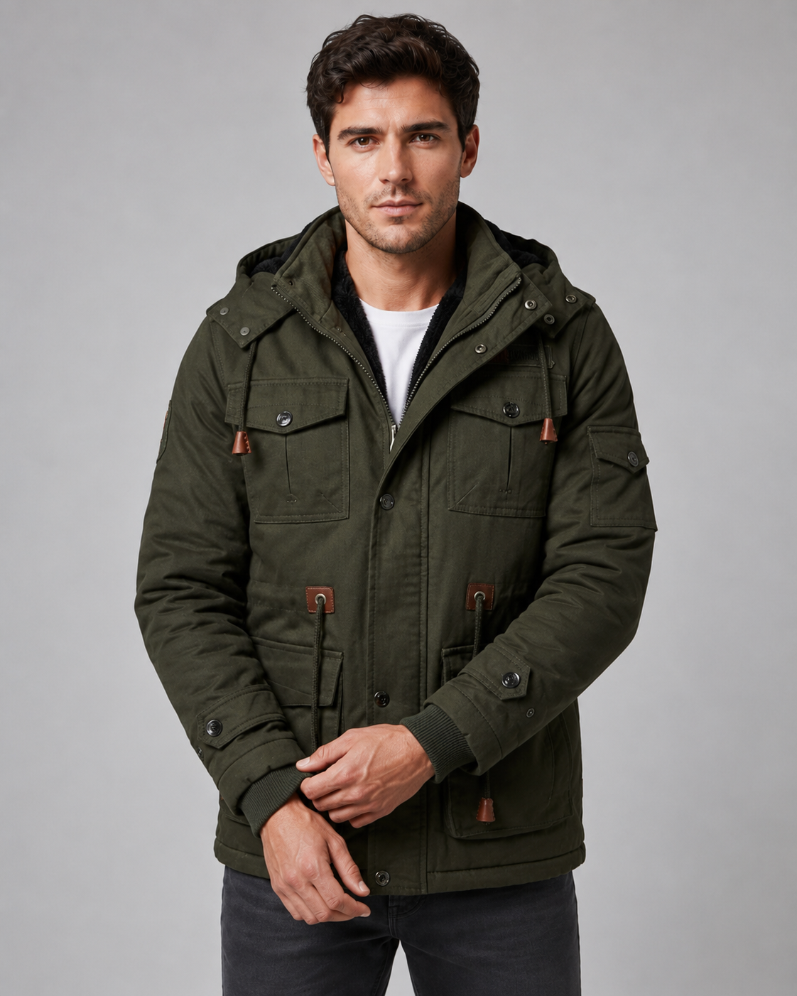 Men's Multi Pocket Hooded Utility Winter Jacket – Regular Fit