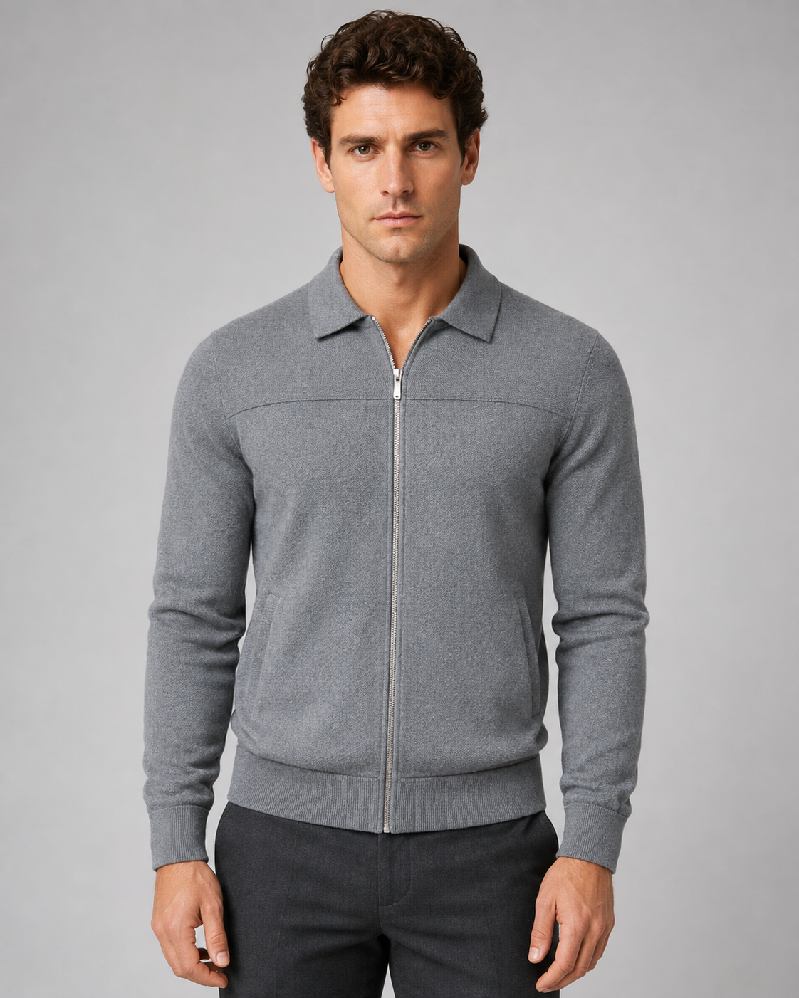 Men's Full Zip Knitted Cardigan – Regular Fit Shirt Collar