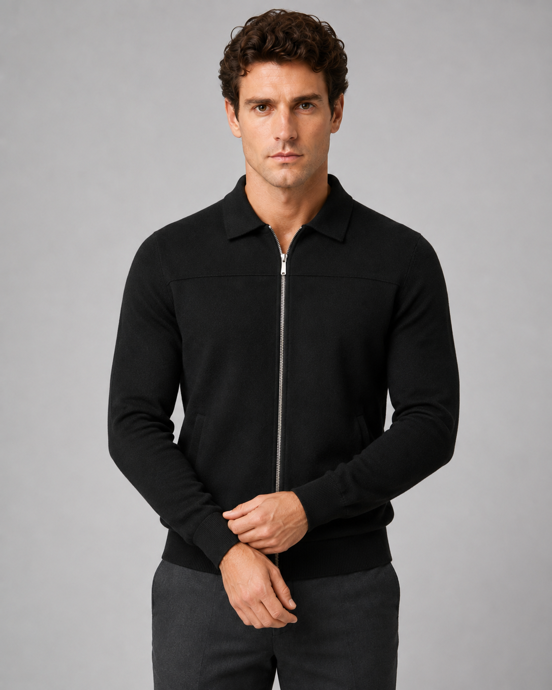 Men's Full Zip Knitted Cardigan – Regular Fit Shirt Collar