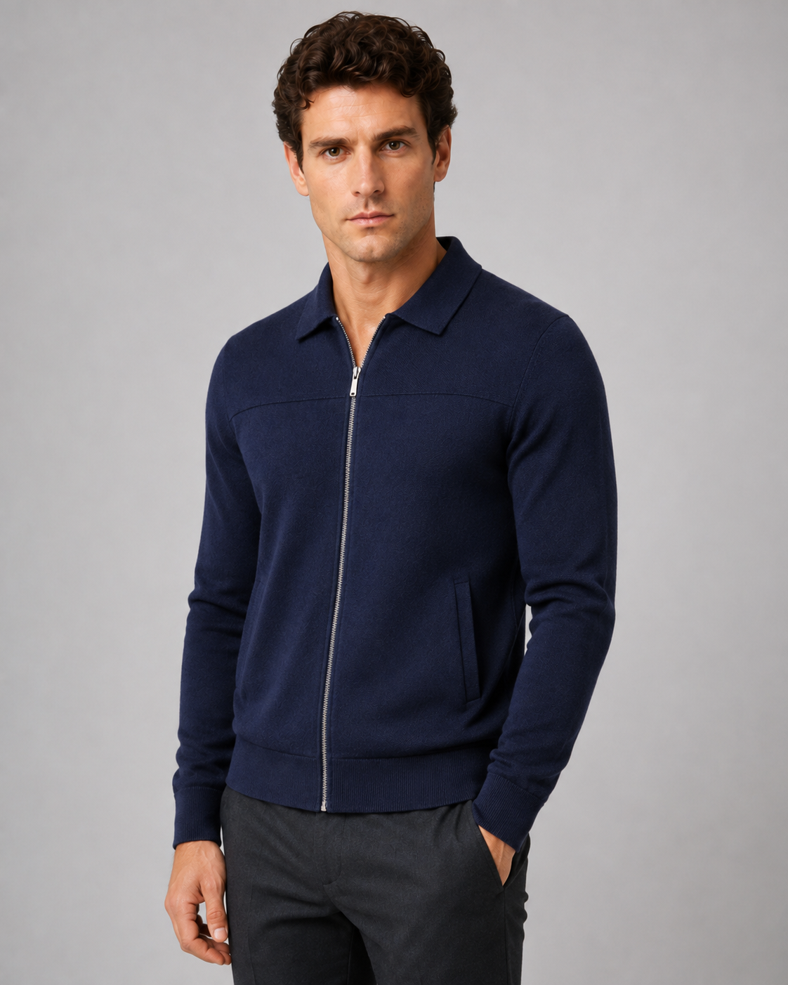 Men's Full Zip Knitted Cardigan – Regular Fit Shirt Collar